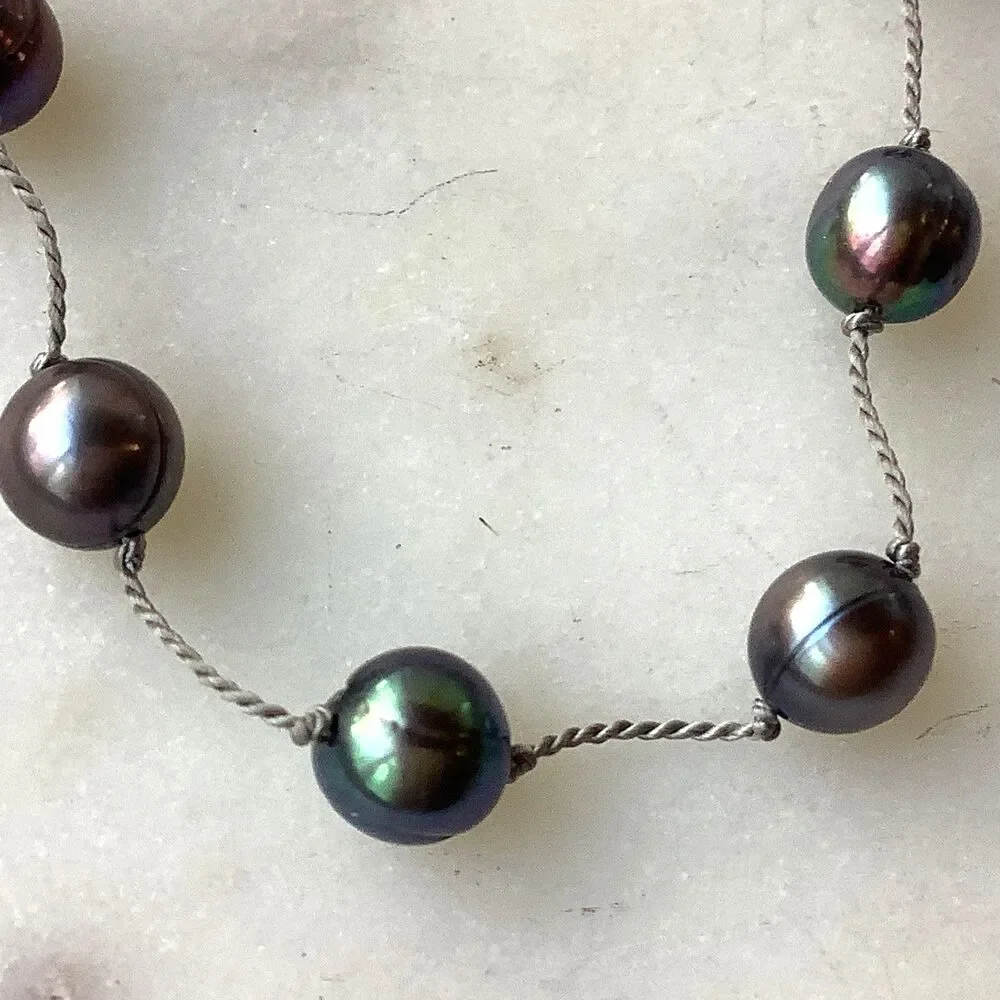 Vintage Peacock Pearls Necklace 6mm-7mm Sterling Silver 15'' Signed